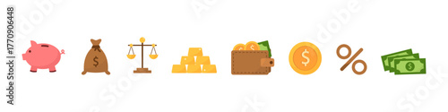 Money icon set. Finance cash vector set. Piggy bank money investment isolated set. Dollar coin cartoon set.
