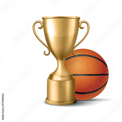 Vector 3d Realistic Golden Trophy Cup, Basketball Ball, Isolated. Sports Award Illustration for Basketball Championship, Team Victory, Champion Prize, Athletic Achievement, Tournament Winner Concept