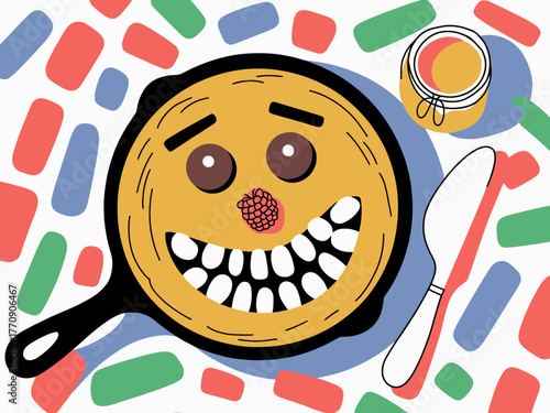 Cartoon Cornbread Face with Honey and Knife