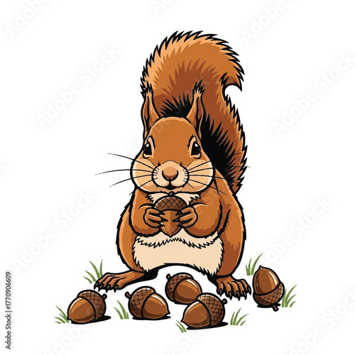 illustration of a squirrel holding acorns happily