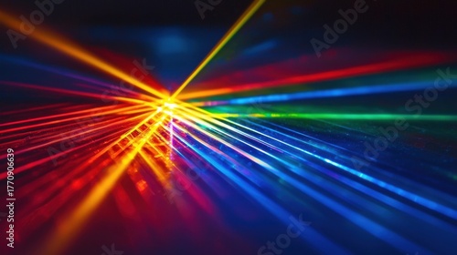 Laser beam diffraction creates brilliant rainbow interference patterns with vibrant spectral colors radiating from central focal point on dark background