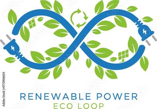 Renewable Power Eco Loop logo with plugs and leaves in infinity symbol on white background