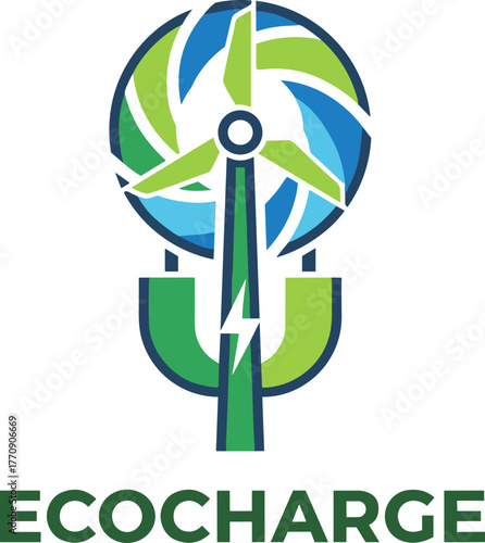 EcoCharge logo with wind turbine and energy symbol on white background