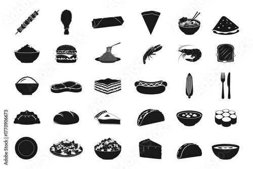 Collection of diverse food and drink icons and symbols in a clean black and white illustration