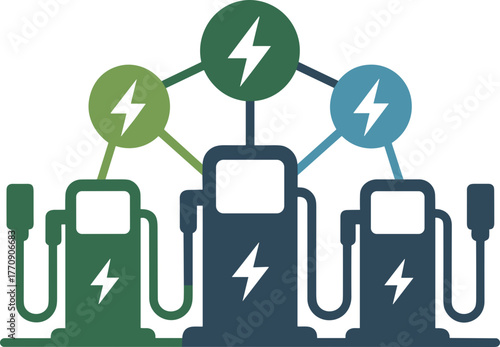 Charging stations with energy symbols and plugs for electric vehicles on white background