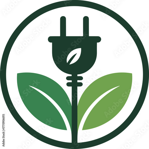 Green power plug flower logo with leaves inside circular frame on white background