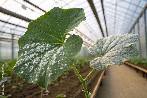 close-up of melon leaf infected with powdery mildew inside greenhouse	