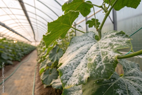 close-up of melon leaf infected with powdery mildew inside greenhouse	