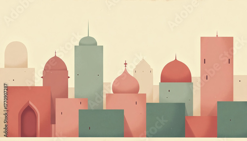 Panel kuchenny z motywem Minimalist cityscape with domed architecture in muted coral and green tones, modern abstract illustration inspired by Middle Eastern skyline for travel, decor, or design projects