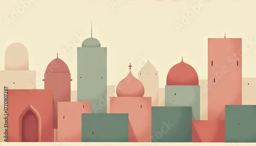 Panel kuchenny z motywem Minimalist cityscape with domed architecture in muted coral and green tones, modern abstract illustration inspired by Middle Eastern skyline for travel, decor, or design projects