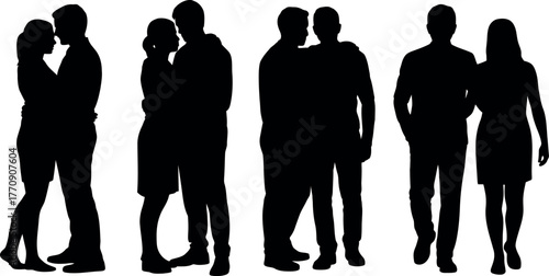 Silhouette of couples standing together in various embracing and casual poses