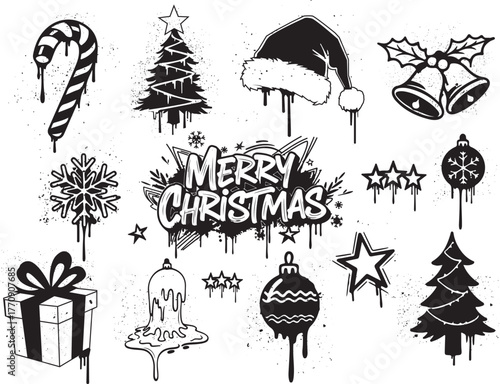 Graffiti Christmas Icon Set – Black & White Holiday Illustrations with Urban Style