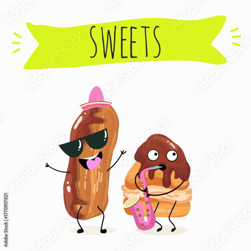 Cream puffs funny characters with glossy chocolate, hand drawn vector illustration.
