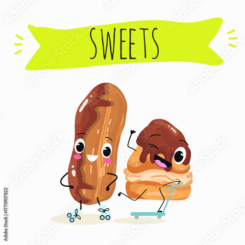 Tasty ice creams, ice-cream cones and popsicle, funny characters, hand drawn vector illustration.