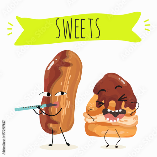 Tasty ice creams, ice-cream cones and popsicle, funny characters, hand drawn vector illustration.