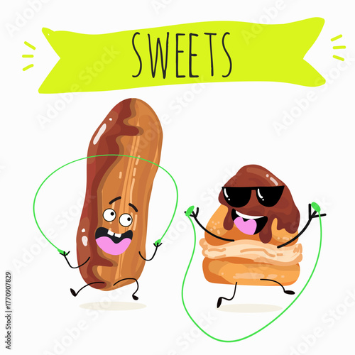 Tasty ice creams, ice-cream cones and popsicle, funny characters, hand drawn vector illustration.