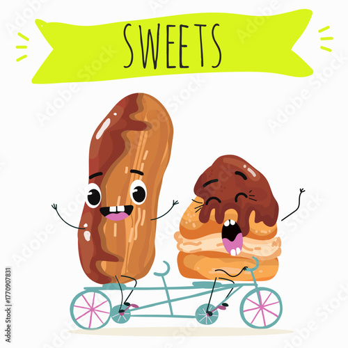 Tasty ice creams, ice-cream cones and popsicle, funny characters, hand drawn vector illustration.