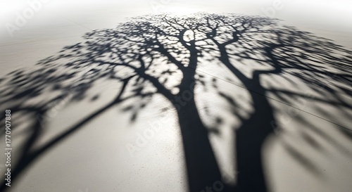 Sombra detalhada de galhos de árvore no chão ou parede sob forte luz solar. Padrão abstrato da natureza, ideal para mockups e cenários.