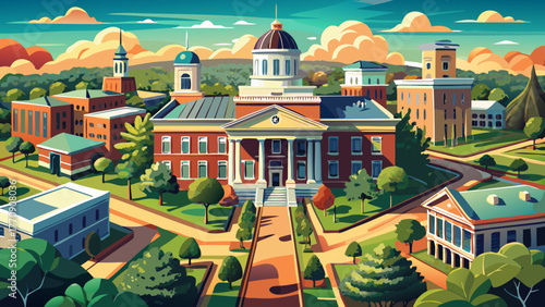 Very beautiful aerial view of a historic courthouse surrounded by lush greenery and charming old buildings in downtown Thomasville, Georgia, USA, showcasing classic southern architecture and a peacefu