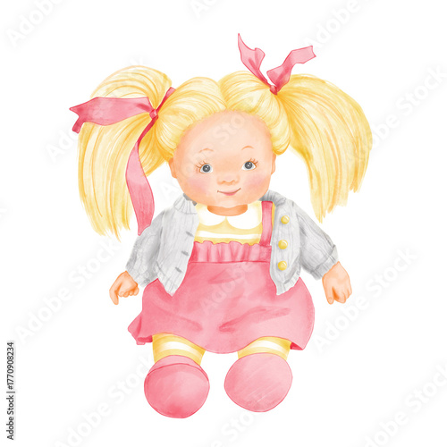 Baby doll with blond hair tied into two ponytails with ribbons, wearing a pink dress and a gray cardigan. Front view of a sitting plastic female isolated on white background. Hand-drawn watercolor
