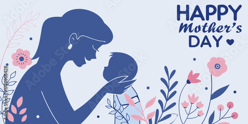 happy mothers day illustration with mother baby silhouette pink floral decoration on light blue background for celebration greeting card