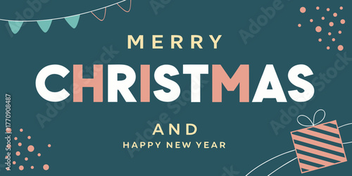 modern merry christmas greeting banner with striped typography gift box bunting flags on teal background for holiday celebration design