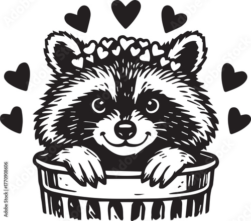 adorable raccoon in trash can with hearts