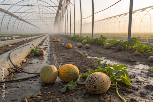 melons growing in greenhouse with yellowing leaves due to nutrient deficiency