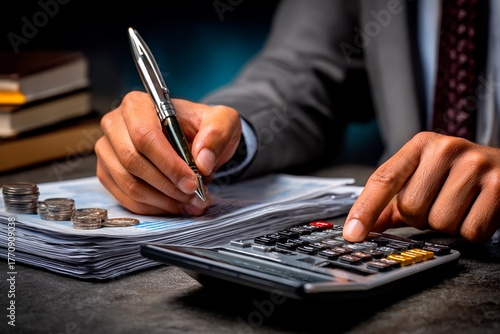 A well-dressed individual focuses on financial calculations. They hold a pen in one hand, while their other hand operates a calculator