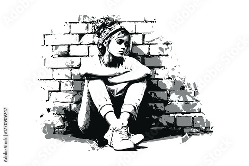 Black and white image of a lonely girl sitting against a brick wall in a grunge artistic style on white background, concept of solitude and emotion