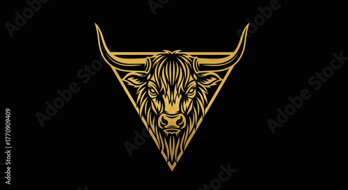 Aggressive Bull Head Logo Design in Golden Monochromatic Style within a Triangle Frame – Vector Illustration