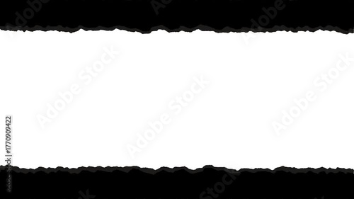 Black torn paper edge transition animation with rolling effect open and close moving horizontal make frame on white background and green screen. 4K ripped paper animated for frame and transitions.