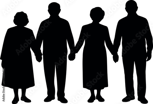 Silhouette of two elderly couples holding hands representing unity and support