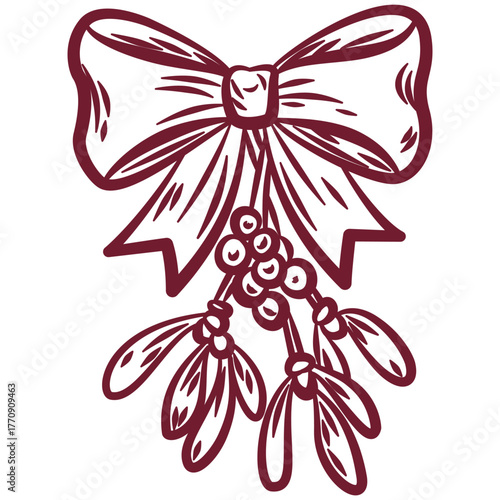 Red Christmas bow with mistletoe hand drawn illustration, cute christmas decoration, whimsical vector Christmas illustration