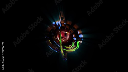 A fantastical abstraction with HUD elements. Streams of digital data are contained within rotating concentric rings.
