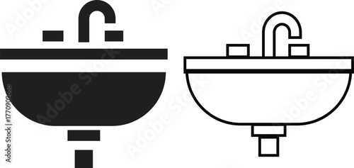 Modern bathroom sink icon set with faucet and water tap. Plumbing and wash basin silhouette in flat and outline styles illustration for home hygiene, cleaning, interior decoration and utility vectors.