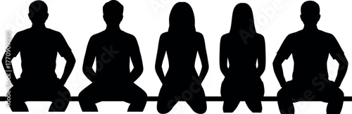 Silhouettes of Diverse People Sitting Together On Bench In Black