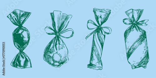 Vintage candy set illustration. Hand drawn wrapped sweets in green on blue background. Retro confectionery sketch for nostalgic packaging and festive design.