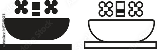 Modern bathroom sink icon set with faucet and water tap. Plumbing and wash basin silhouette in flat and outline styles illustration for home hygiene, cleaning, interior decoration and utility vectors.