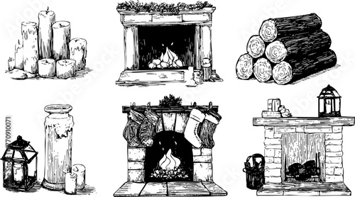 Rustic fireplace and candle illustration. Hand drawn cozy Christmas hearth, firewood, and stockings in vintage sketch style for holiday decoration, winter card, or home art.