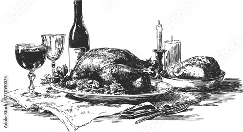 Vintage holiday feast scene. Hand drawn turkey, wine glasses, candles and bread on festive table. Elegant Thanksgiving dinner sketch.