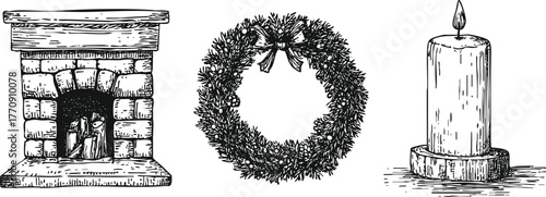 Vintage stone fireplace with wreath illustration. Hand drawn holiday candles and Christmas decor in sketchy line art for cozy winter home or greeting card design.