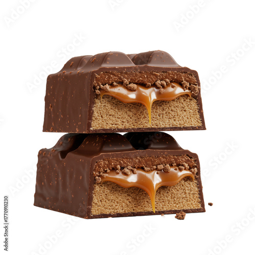 Ultra-macro shot of a gourmet high-protein chocolate bar cut in half, revealing oozing caramel, dense core, crispy clusters, on a transparent background. Decadent food concept