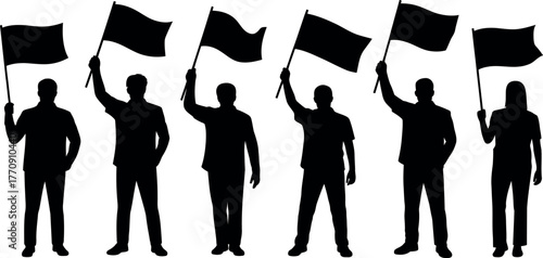 Silhouettes of protesters holding flags united in a demonstration for rights