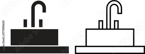 Modern bathroom sink icon set with faucet and water tap. Plumbing and wash basin silhouette in flat and outline styles illustration for home hygiene, cleaning, interior decoration and utility vectors.