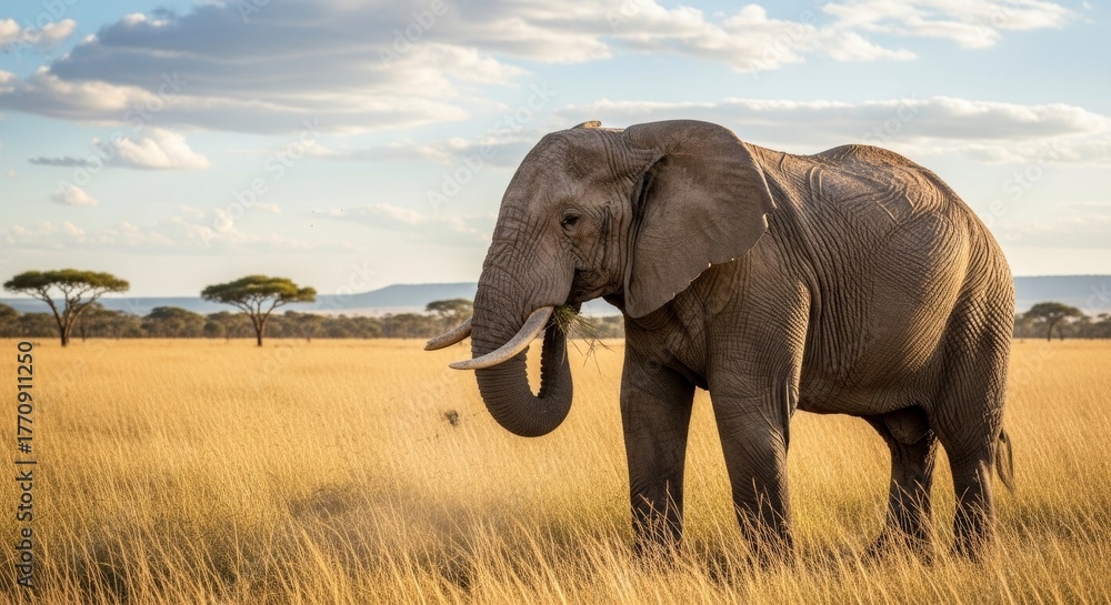 Fototapeta premium Wild elephant walk through the savanna of Tarangire National Park 