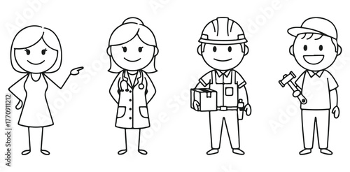 Diverse Stick Figure Professions Woman Pointing Caring Doctor Construction Worker Handy Man Line Art Icons for Business