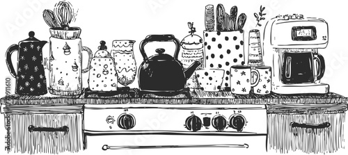 Vintage pencil drawn kitchen counter with mugs, teapots, coffee maker, festive decor. Cozy line art Christmas interior.