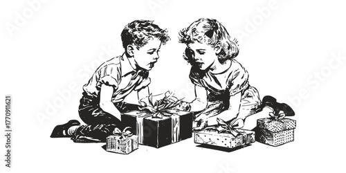 Vintage ink sketchy children sitting with gifts. Retro holiday engraving illustration for nostalgic Christmas design and decor.