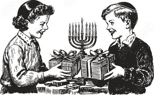 Children exchanging gifts under menorah. Vintage ink sketchy Hanukkah illustration for Jewish holiday cards and posters.